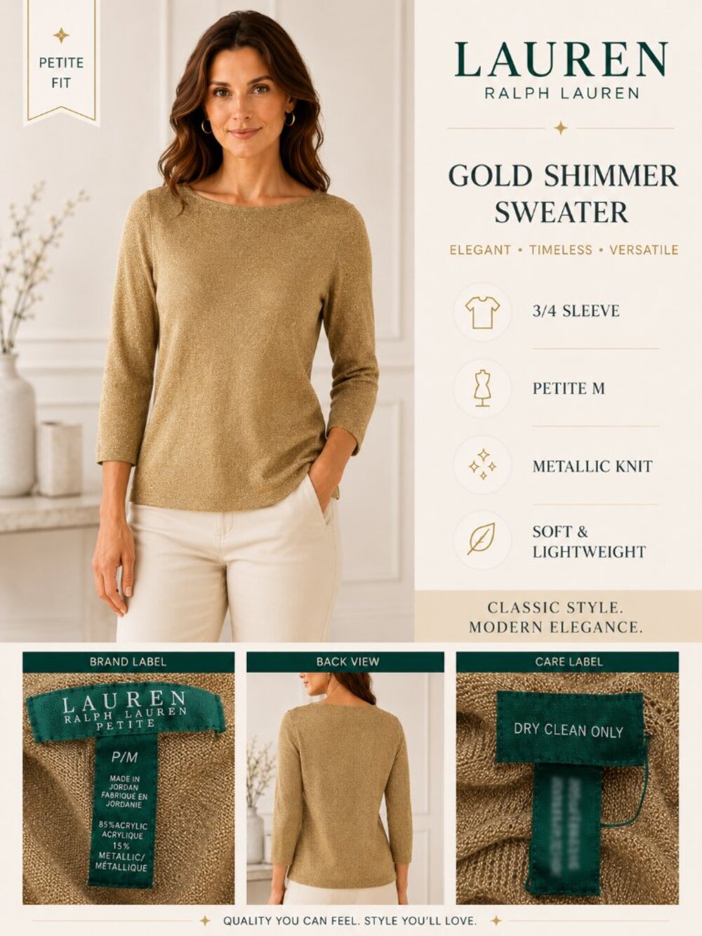 Lauren Ralph Lauren Gold Shimmer Sweater Petite M 3/4 Sleeve Metallic Knit Top